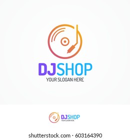Dj shop logo set with disk icon line modern color style isolated on white background for use music store, sound company, audio system shop, dj market etc. Vector Illustration 