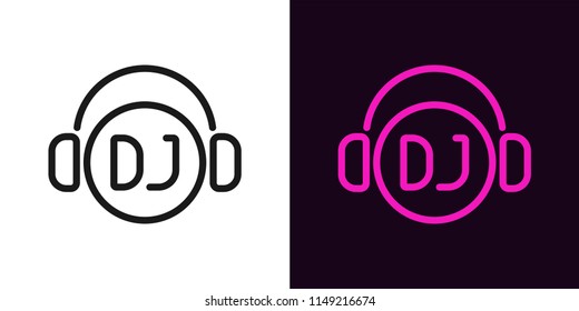 DJ sign in outline style. Vector illustration of DJ icon or label with headphones in black and pink color. Isolated graphic element for decoration of Night party, Disco party or Radio show