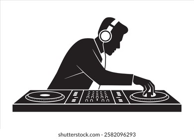 DJ Silhouette with Headphones and Turntables Vector