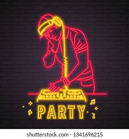 DJ Silhouette Neon Light Glowing Vector Illustration. Dj Party Bright Red and Yellow Light