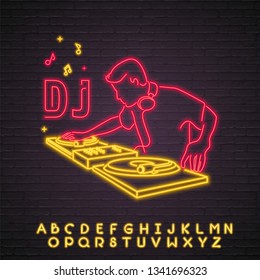 DJ Silhouette Neon Light Glowing Vector Illustration Alphabet Yellow Icon