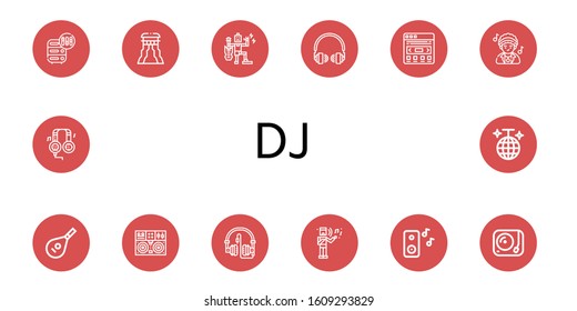 dj simple icons set. Contains such icons as Adjustment, Slider, Music, Headphones, Disco, Lute, Turntable, Musical, Disco ball, can be used for web, mobile and logo