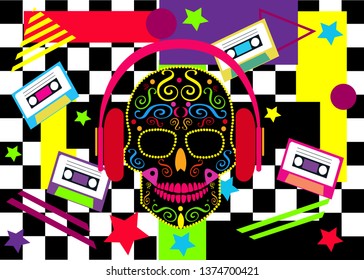 Icono de cráneo DJ vivos colores con auriculares y cintas de cassette