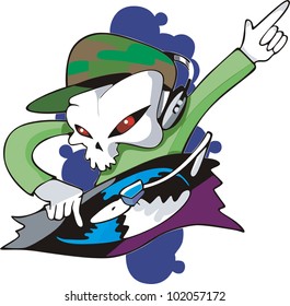 DJ as "Skull" with red eyes and twisting a record vinyl.Vinyl-ready EPS Illustration.