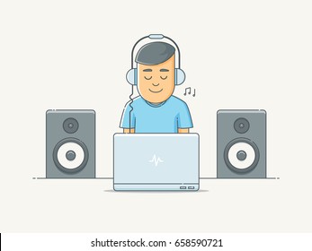 DJ or sound engineer creating music on computer vector illustration 