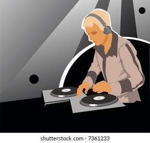 DJ with sound equipment. Vector.