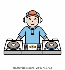 DJ girando batidas com dois toca-discos e um mixer, fones de ouvido, mixando faixas ao vivo com energia, ritmo e transições sem costura para uma vibração de bombeamento de multidão.
