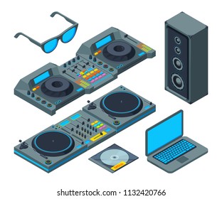 DJ studio. Music tools for party. Equipment for audio mixer and record stereo isometric. Vector illustration