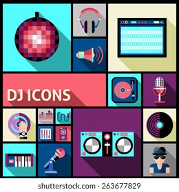 Dj studio and party music flat long shadow icon set isolated vector illustration