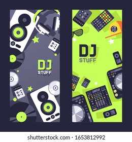 DJ stuff on vertical banner, nightclub party invitation, electronic music festival, vector illustration. Sound mixer console panel controller equalizer, dj music equipment, loudspeakers and headphones