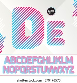 DJ style font. Striped colorful letters. Best to use for posters, cards, parties flyers, stylish invitation for events and web design. Vector illustration.