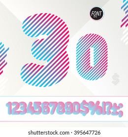 DJ style numbers. Striped colorful alphabet with gradient. Best to use for posters, parties flyers, stylish invitation for events and web design. Vector illustration.