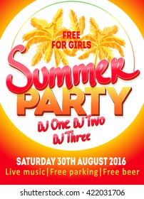 DJ summer party, night club show poster. Summer Holiday and Summer Party poster template.