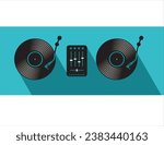 DJ Table with turntables mixer and vinyl records vector illustration