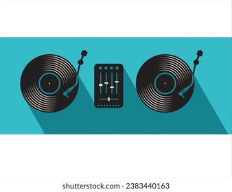 DJ Table with turntables mixer and vinyl records vector illustration