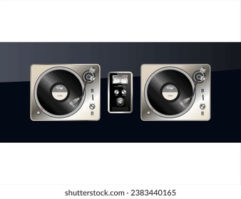 DJ Table with turntables mixer and vinyl records vector illustration