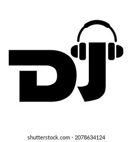 Dj text and headphones logo. Music service disk jockey business icon. Black vector illustration isolated on white background.