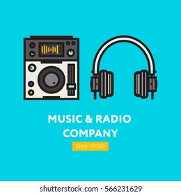 The DJ Themed Icon Pack. Abstract logo for music band, radio, broadcasting or recording studio. Control panel, CDJ, and headphones. Vector illustration, flat design, pixel perfect icon.