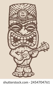 DJ tiki dibujo animado étnico vintage ilustración camiseta impresión gráfica con eslogan Vector arte