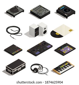 DJ tools equipment isometric set with audio mixer headphone vinyl record player speakers instruments isolated vector illustration