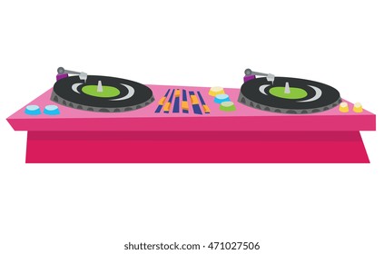 DJ turntable console mixer vector flat design illustration isolated on white background.