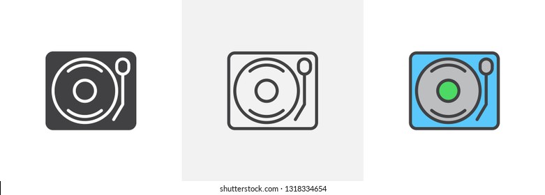 DJ Turntable icon. Line, glyph and filled outline colorful version, vinyl disc player outline and filled vector sign. Symbol logo illustration. Different style icons set. Pixel perfect vector graphics