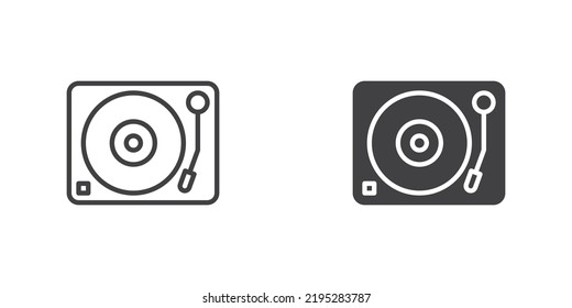 Dj turntable icon, line and glyph version, outline and filled vector sign. Vinyl turntable linear and full pictogram. Symbol, logo illustration. Different style icons set