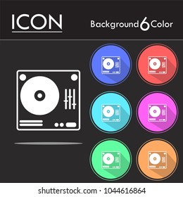 DJ turntable icon vector, DJ symbols isolated on six color background.