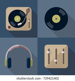 Dj Turntable icons Set Flat Design Long Shadow