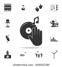 DJ Turntable Record Player With Hand Icon. Detailed set of night club and disco icons. Premium quality graphic design. One of the collection icons for websites, web design on white background