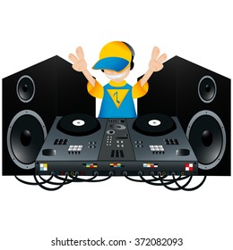 DJ with a turntable and two speakers