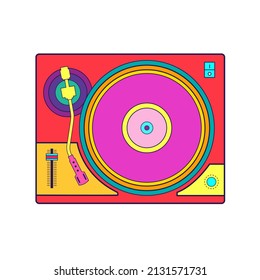 Dj turntable for vinyl vintage 90s color vector illustration on white background. retro music style colorful editable