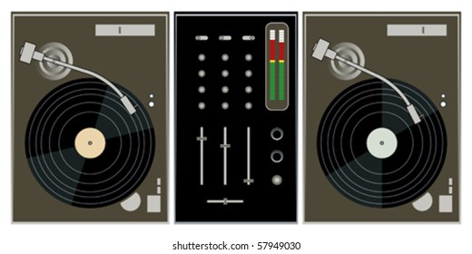 Dj Turntables And Mixer On White Background Vector