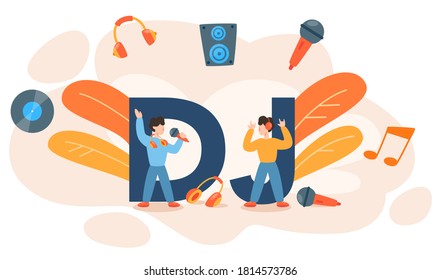 DJ typographic header. Person standing at turntable mixer make music in club or radio. Club music composer with headphones. Isolated flat vector illustration
