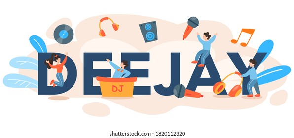 DJ typographic header. Person standing at turntable mixer make music in club or radio. Club music composer with headphones. Isolated flat vector illustration
