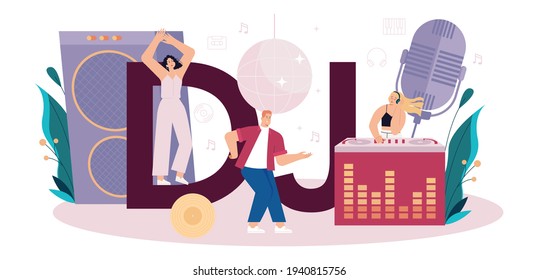 DJ typographic header. Person standing at turntable mixer make music