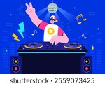 DJ Vector Illustration Featuring a Young Musician Wearing Headphones, Mixing Music on a Turntable, Nightlife Club Lifestyle at a Nightclub Party