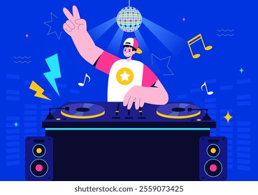 DJ Vector Illustration Featuring a Young Musician Wearing Headphones, Mixing Music on a Turntable, Nightlife Club Lifestyle at a Nightclub Party