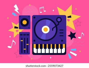 DJ Vector Illustration Featuring a Young Musician Wearing Headphones, Mixing Music on a Turntable, Nightlife Club Lifestyle at a Nightclub Party