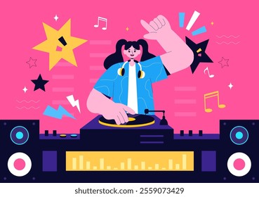 DJ Vector Illustration Featuring a Young Musician Wearing Headphones, Mixing Music on a Turntable, Nightlife Club Lifestyle at a Nightclub Party