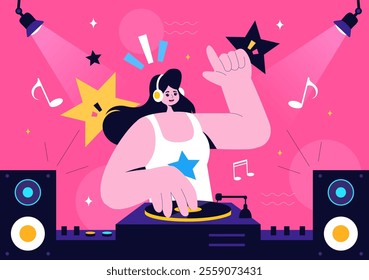 DJ Vector Illustration Featuring a Young Musician Wearing Headphones, Mixing Music on a Turntable, Nightlife Club Lifestyle at a Nightclub Party