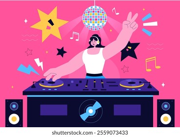 DJ Vector Illustration Featuring a Young Musician Wearing Headphones, Mixing Music on a Turntable, Nightlife Club Lifestyle at a Nightclub Party