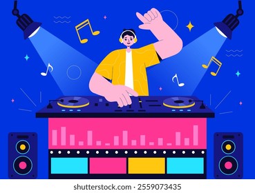 DJ Vector Illustration Featuring a Young Musician Wearing Headphones, Mixing Music on a Turntable, Nightlife Club Lifestyle at a Nightclub Party