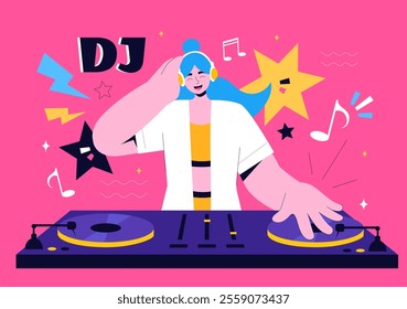 DJ Vector Illustration Featuring a Young Musician Wearing Headphones, Mixing Music on a Turntable, Nightlife Club Lifestyle at a Nightclub Party