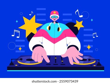 DJ Vector Illustration Featuring a Young Musician Wearing Headphones, Mixing Music on a Turntable, Nightlife Club Lifestyle at a Nightclub Party