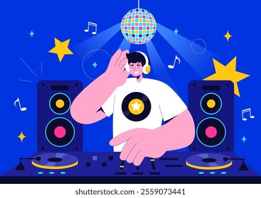 DJ Vector Illustration Featuring a Young Musician Wearing Headphones, Mixing Music on a Turntable, Nightlife Club Lifestyle at a Nightclub Party