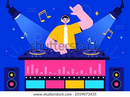 DJ Vector Illustration Featuring a Young Musician Wearing Headphones, Mixing Music on a Turntable, Nightlife Club Lifestyle at a Nightclub Party