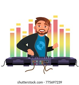 Dj Vector. Playing Disco House Music. Stylish Man. Headphones. Concert Concept. Isolated Flat Cartoon Character Illustration
