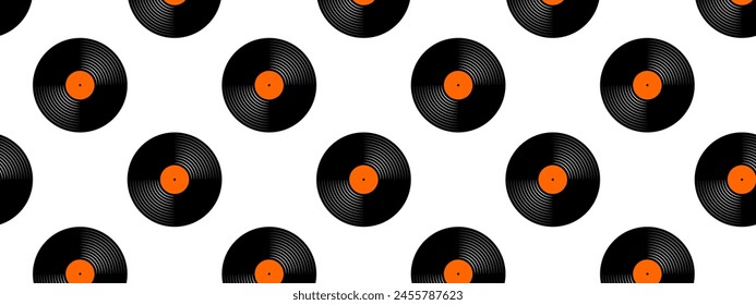 DJ vinyl discs seamless pattern. Reapiting gramophone LP or long play music disks icons isolated on white background. 70s 80s 2000s discotheque nostalgia background. Vector flat illustration.