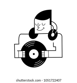 DJ with vinyl record. vector cartoon illustration